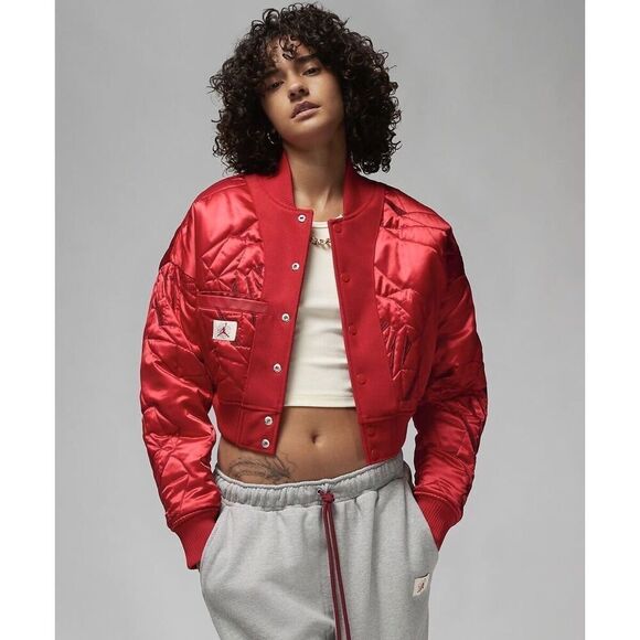 Jordan x Teyana Taylor Red Rose Leather Trim Long Sleeve Cropped Jacket Small - Picture 2 of 7